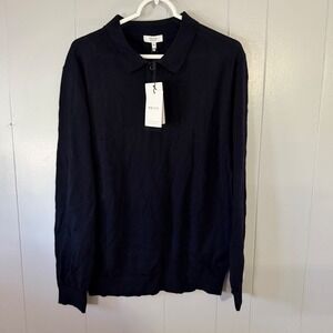 Reiss Trafford Polo Sweater Mens XL Navy Blue Merino Wool Long Sleeve